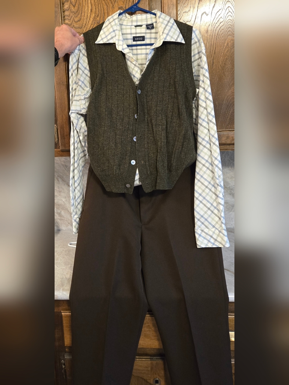 Brown Ribbed Button Cardigan Vest, Dress Pants, and Coordinating Shirt -  Outfit